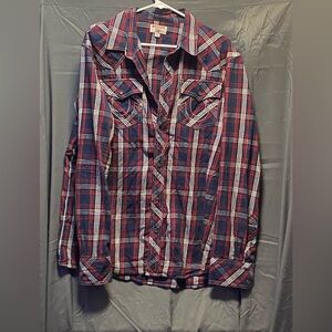 True Religion Shirt Men’s Size XL Red blue Plaid Snap Pockets Long Sleeve